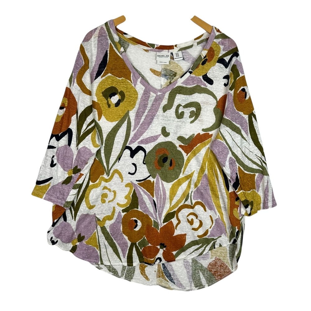 Rachel Zoe Linen Floral Blouse Asymmetrical Hem Women's Plus 1X 3/4 Sleeve Top